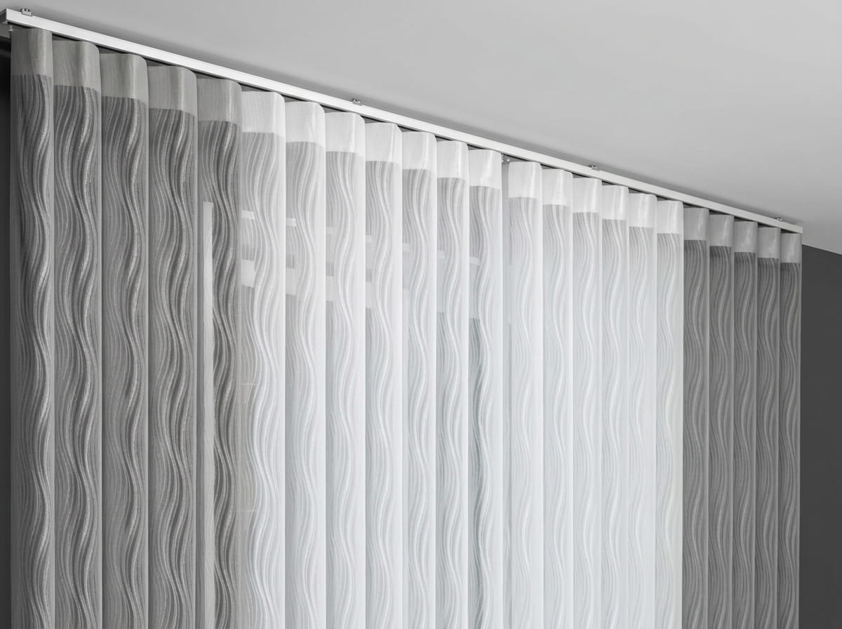 Тюлевые вертикальные жалюзи Вальс и Силуэт в интерьере гостиной с панорамными окнами